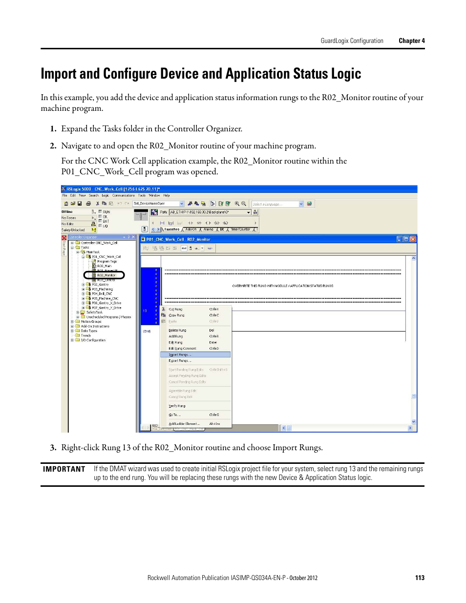 Import and configure device, And application status logic | Rockwell Automation IASIMP Computer Numerical Control (CNC) Machining Accelerator Toolkit Quick Start User Manual | Page 113 / 278