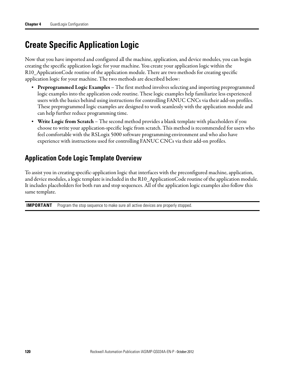 Create specific application logic, Application code logic template overview, Create specific | Application logic | Rockwell Automation IASIMP Computer Numerical Control (CNC) Machining Accelerator Toolkit Quick Start User Manual | Page 120 / 278