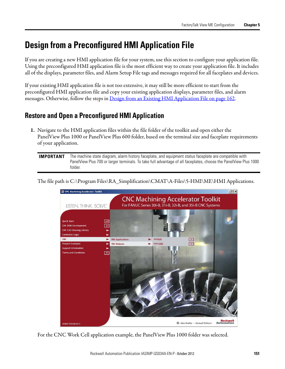 Design from a preconfigured hmi application file, Restore and open a preconfigured hmi application, Design from a preconfigured | Hmi application file, Restore and open a preconfigured, Hmi application | Rockwell Automation IASIMP Computer Numerical Control (CNC) Machining Accelerator Toolkit Quick Start User Manual | Page 151 / 278