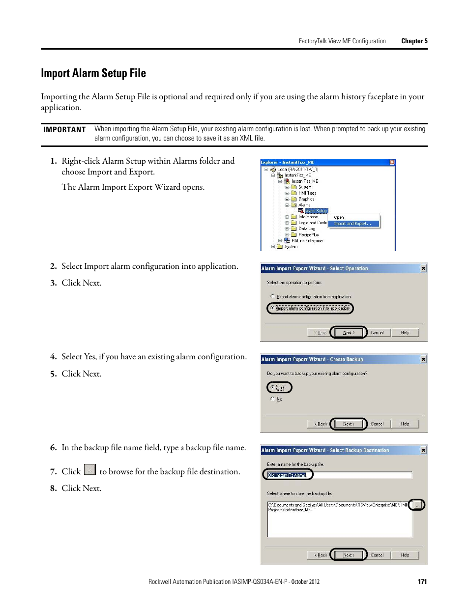 Import alarm setup file | Rockwell Automation IASIMP Computer Numerical Control (CNC) Machining Accelerator Toolkit Quick Start User Manual | Page 171 / 278