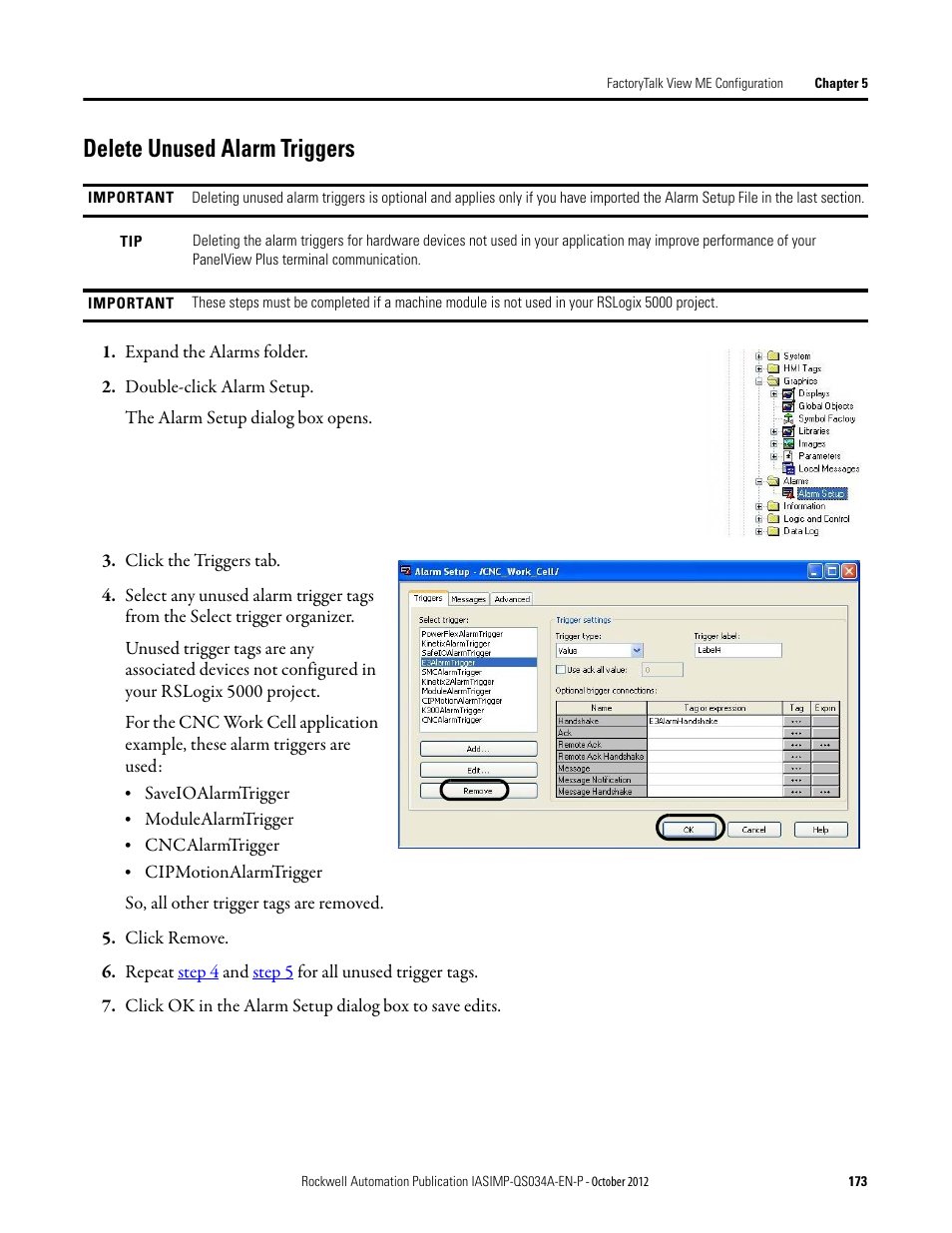 Delete unused alarm triggers | Rockwell Automation IASIMP Computer Numerical Control (CNC) Machining Accelerator Toolkit Quick Start User Manual | Page 173 / 278