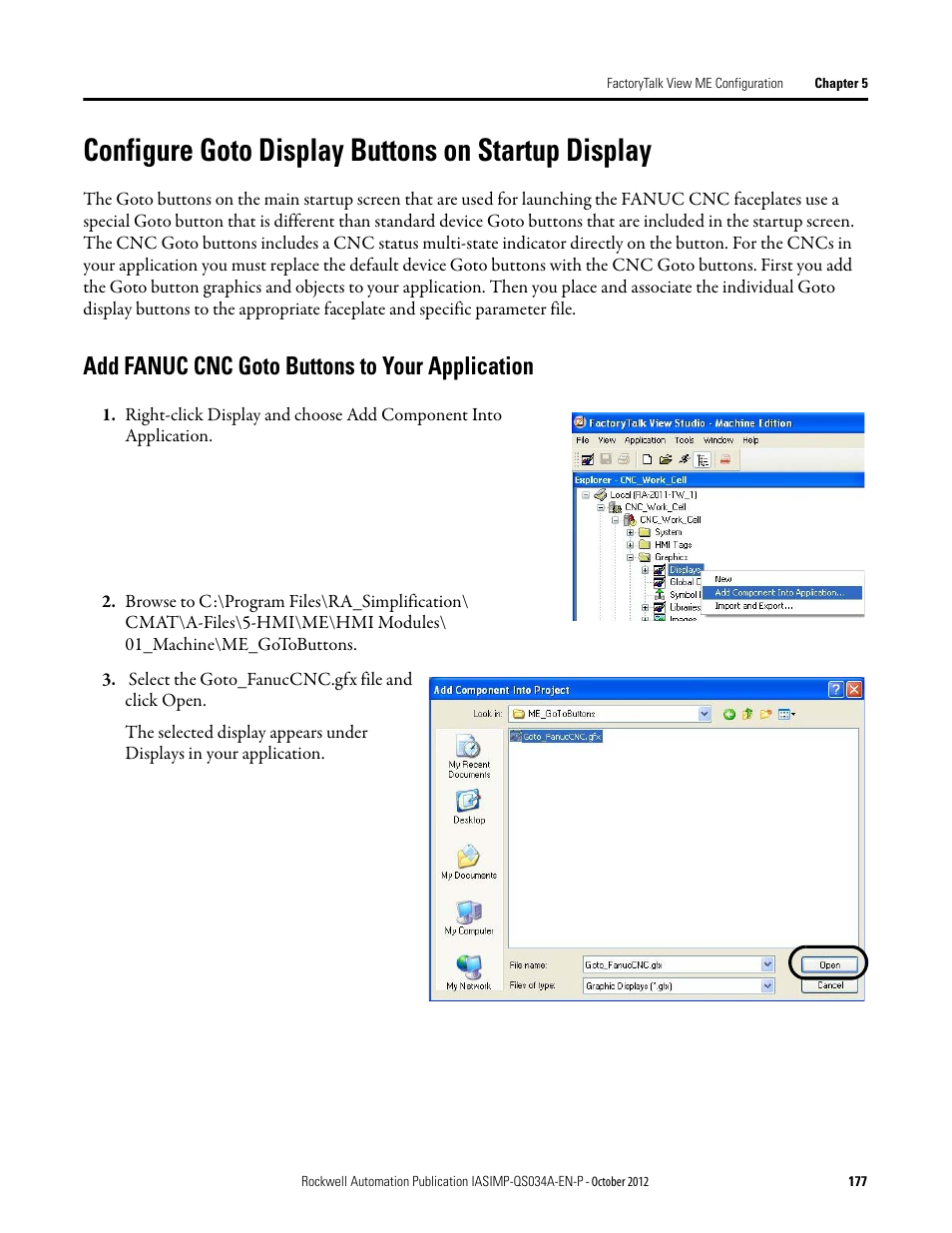 Configure goto display buttons on startup display, Add fanuc cnc goto buttons to your application, Configure goto display buttons | On startup display | Rockwell Automation IASIMP Computer Numerical Control (CNC) Machining Accelerator Toolkit Quick Start User Manual | Page 177 / 278