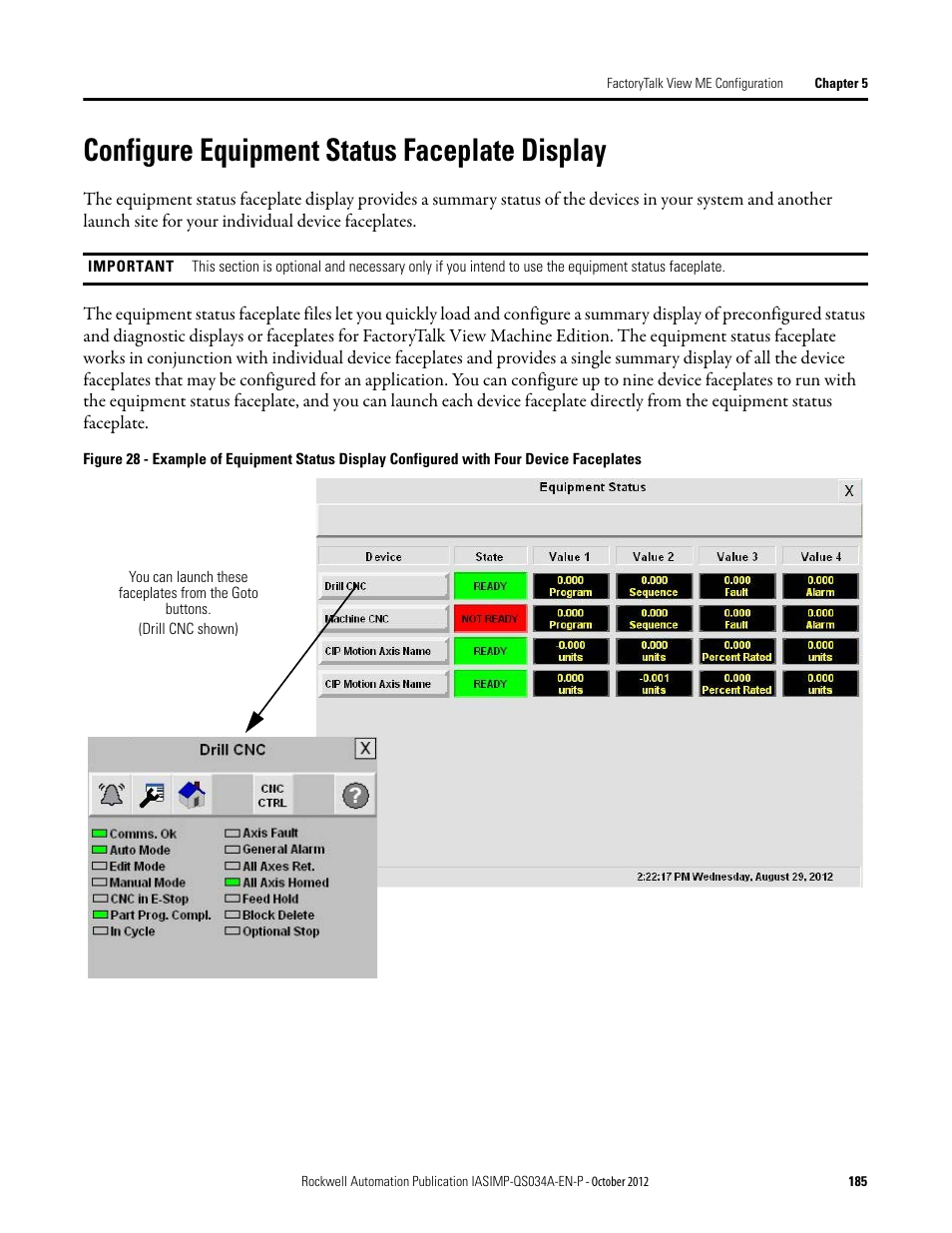 Configure equipment status faceplate display, Configure equipment status, Faceplate display | Rockwell Automation IASIMP Computer Numerical Control (CNC) Machining Accelerator Toolkit Quick Start User Manual | Page 185 / 278