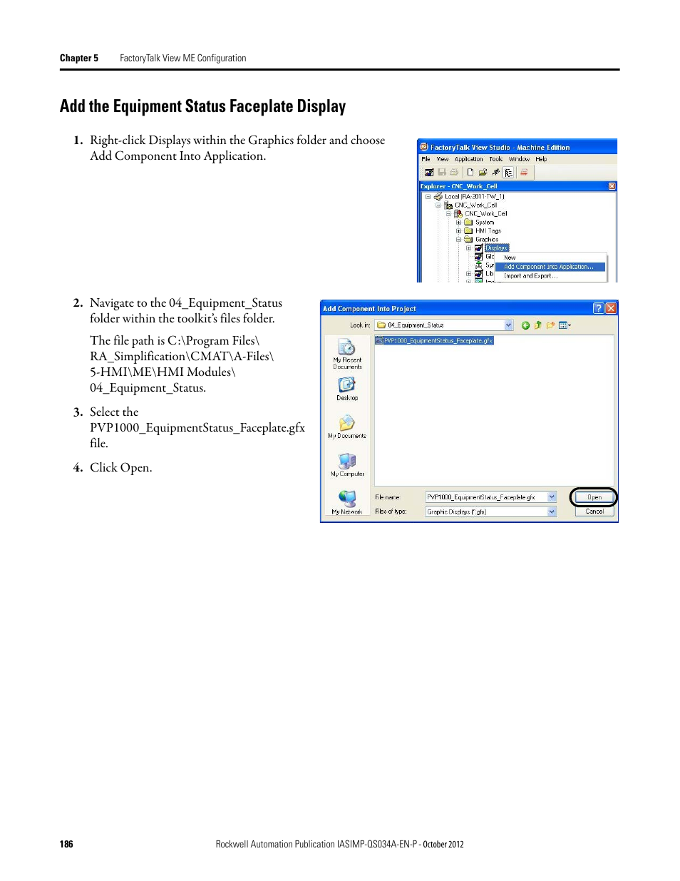 Add the equipment status faceplate display | Rockwell Automation IASIMP Computer Numerical Control (CNC) Machining Accelerator Toolkit Quick Start User Manual | Page 186 / 278