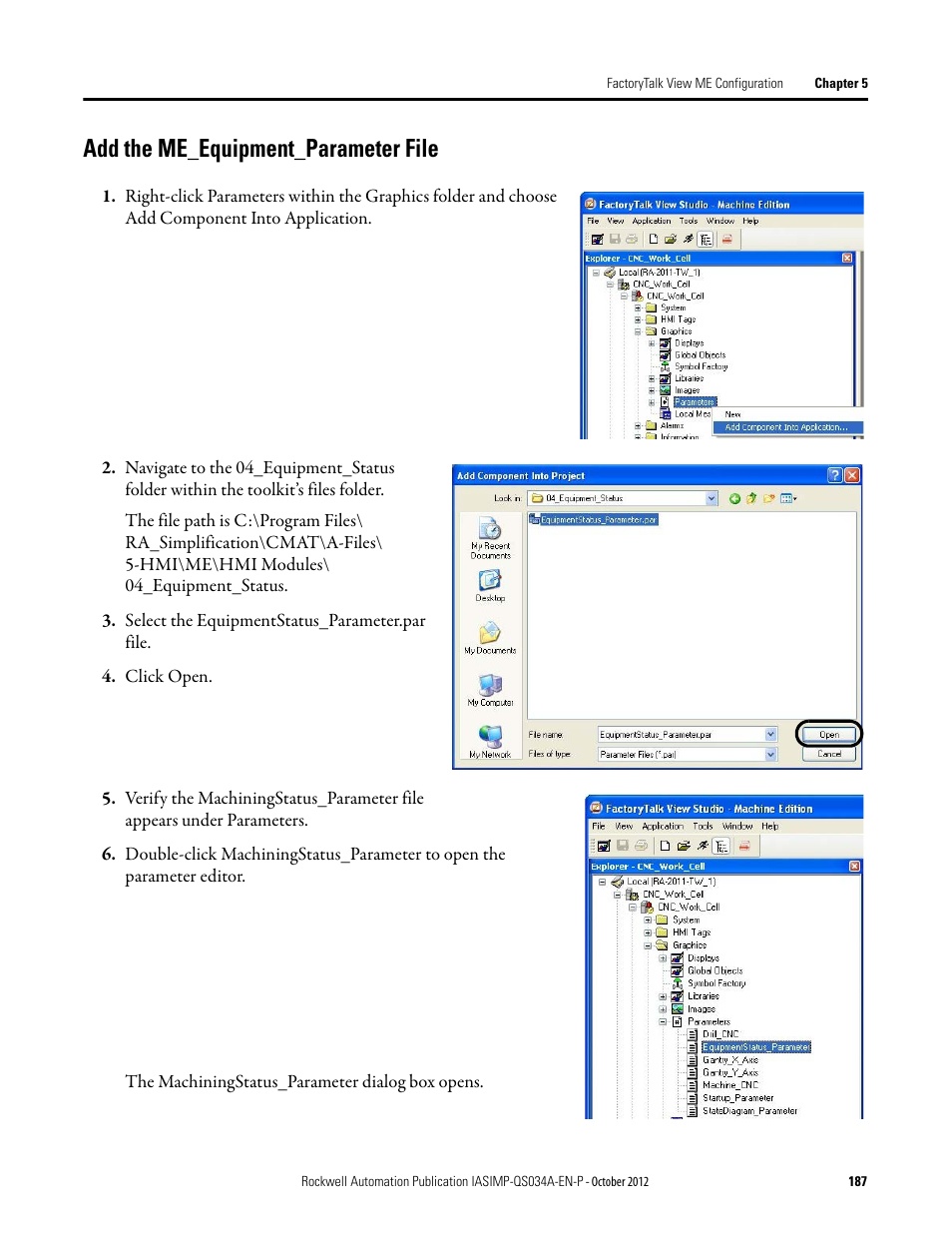 Add the me_equipment_parameter file | Rockwell Automation IASIMP Computer Numerical Control (CNC) Machining Accelerator Toolkit Quick Start User Manual | Page 187 / 278