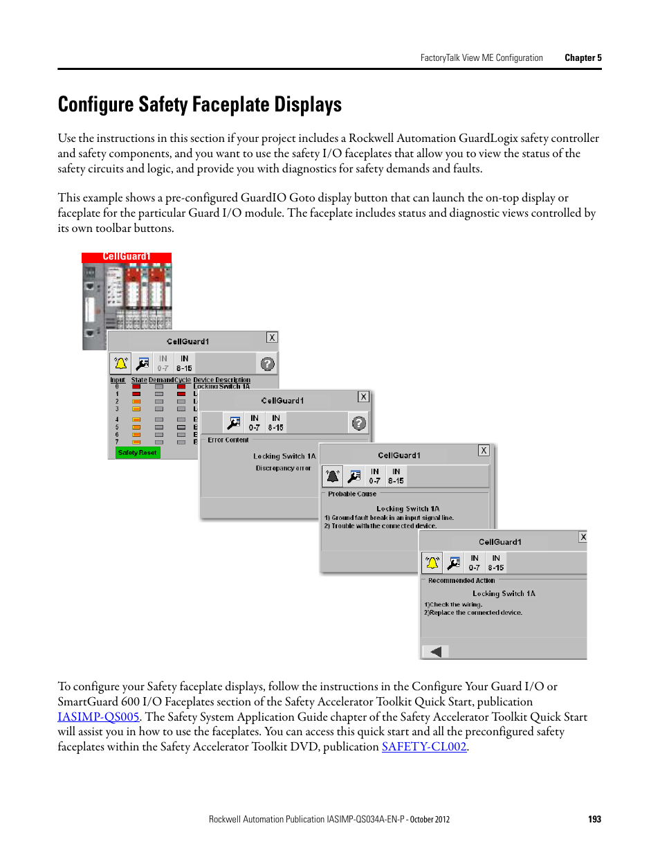 Configure safety faceplate displays, Configure safety faceplate, Displays | Rockwell Automation IASIMP Computer Numerical Control (CNC) Machining Accelerator Toolkit Quick Start User Manual | Page 193 / 278