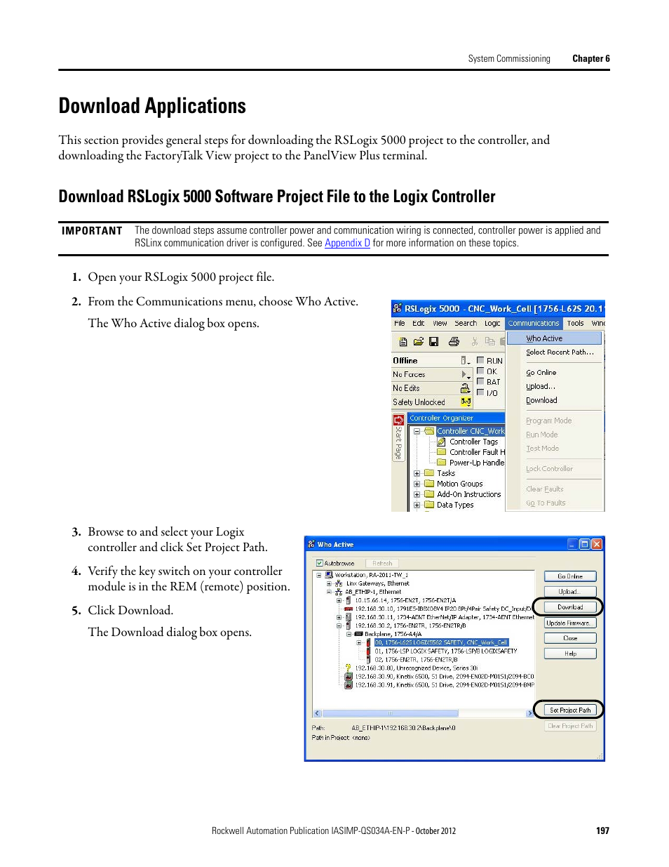 Download applications, Download rslogix 5000 software project file | Rockwell Automation IASIMP Computer Numerical Control (CNC) Machining Accelerator Toolkit Quick Start User Manual | Page 197 / 278