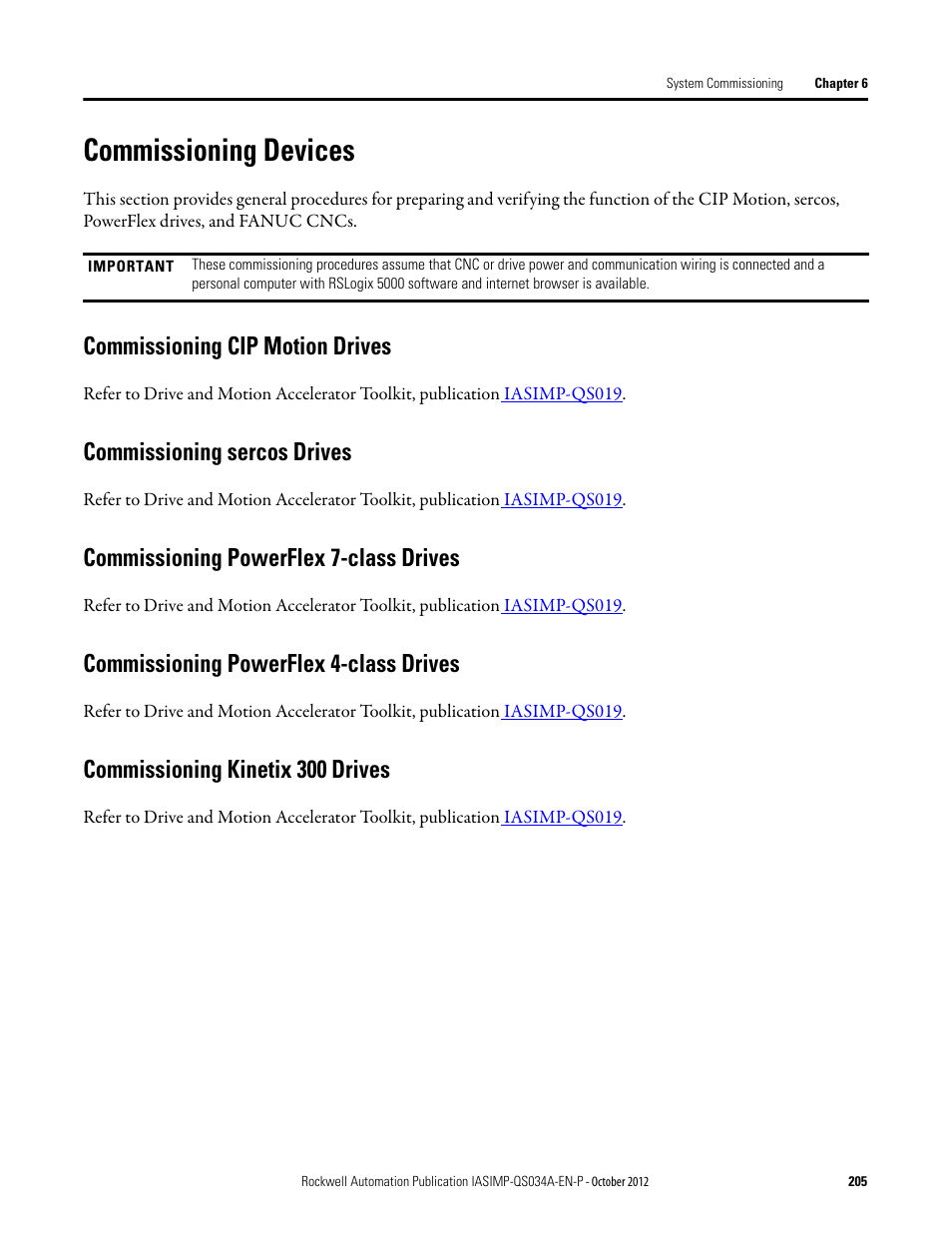 Commissioning devices, Commissioning cip motion drives, Commissioning sercos drives | Commissioning powerflex 7-class drives, Commissioning powerflex 4-class drives, Commissioning kinetix 300 drives | Rockwell Automation IASIMP Computer Numerical Control (CNC) Machining Accelerator Toolkit Quick Start User Manual | Page 205 / 278