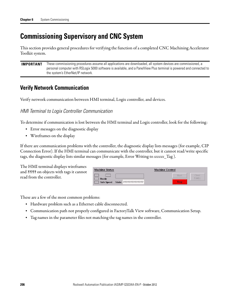 Commissioning supervisory and cnc system, Verify network communication, Hmi terminal to logix controller communication | Commissioning, Supervisory and cnc, System | Rockwell Automation IASIMP Computer Numerical Control (CNC) Machining Accelerator Toolkit Quick Start User Manual | Page 206 / 278