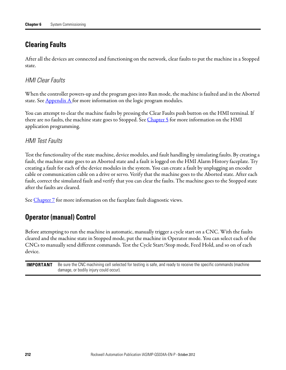 Clearing faults, Hmi clear faults, Hmi test faults | Operator (manual) control, Clearing faults operator (manual) control | Rockwell Automation IASIMP Computer Numerical Control (CNC) Machining Accelerator Toolkit Quick Start User Manual | Page 212 / 278