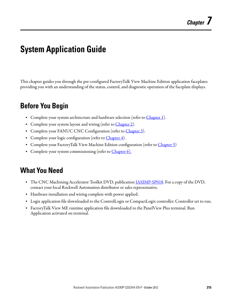 7 - system application guide, Before you begin, What you need | Chapter 7, System application guide, Before you begin what you need, Chapter | Rockwell Automation IASIMP Computer Numerical Control (CNC) Machining Accelerator Toolkit Quick Start User Manual | Page 215 / 278