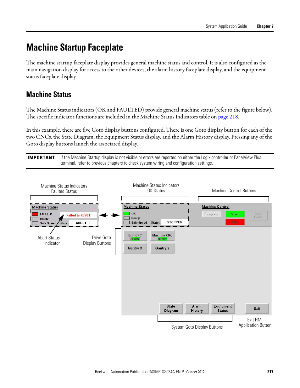 Machine startup faceplate, Machine status | Rockwell Automation IASIMP Computer Numerical Control (CNC) Machining Accelerator Toolkit Quick Start User Manual | Page 217 / 278