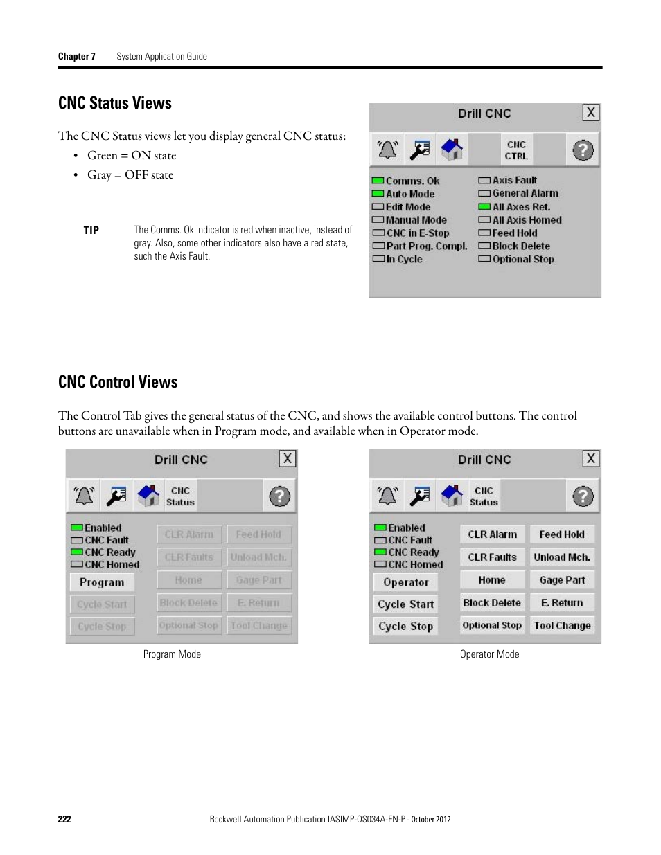 Cnc status views, Cnc control views, Cnc status views cnc control views | Rockwell Automation IASIMP Computer Numerical Control (CNC) Machining Accelerator Toolkit Quick Start User Manual | Page 222 / 278