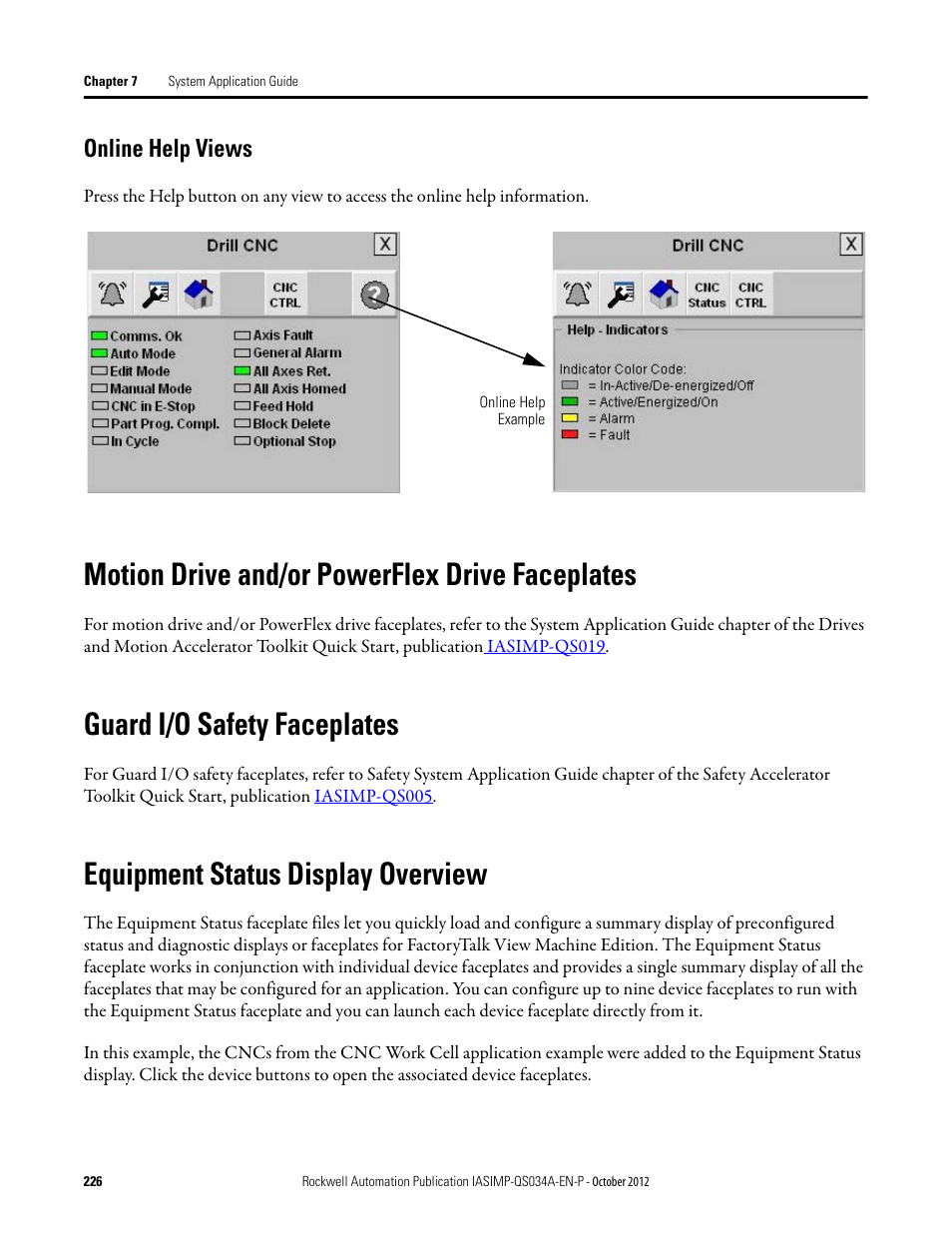 Online help views, Motion drive and/or powerflex drive faceplates, Guard i/o safety faceplates | Equipment status display overview, Equipment status display, Overview, Motion drive and/or, Powerflex drive faceplates | Rockwell Automation IASIMP Computer Numerical Control (CNC) Machining Accelerator Toolkit Quick Start User Manual | Page 226 / 278