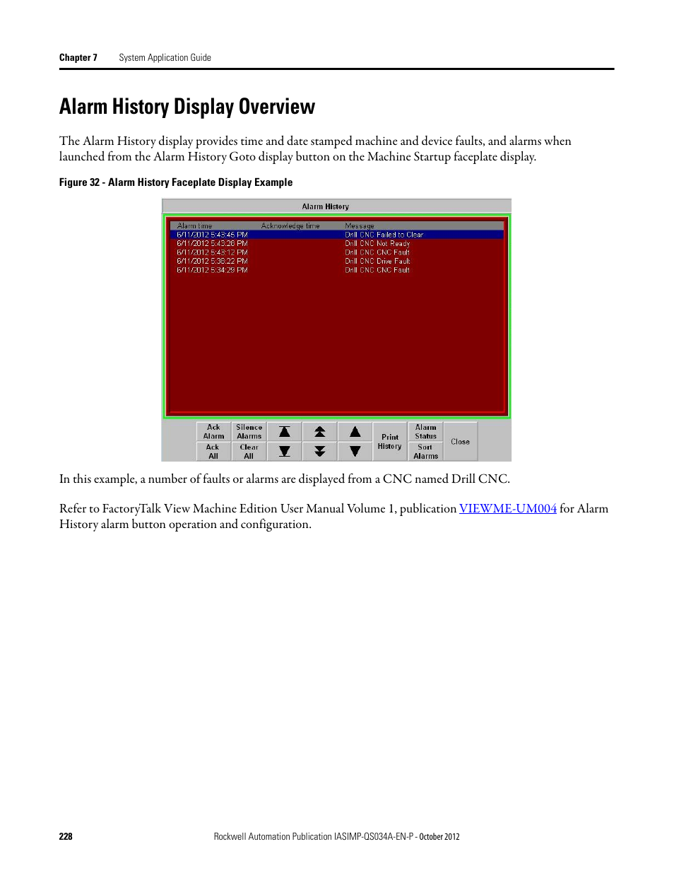 Alarm history display overview, Alarm history display, Overview | Rockwell Automation IASIMP Computer Numerical Control (CNC) Machining Accelerator Toolkit Quick Start User Manual | Page 228 / 278