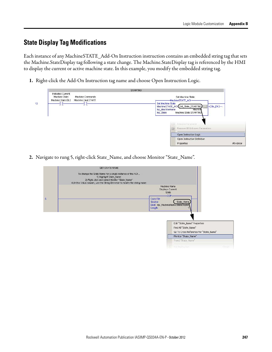 State display tag modifications, Efer to state display tag modifications | Rockwell Automation IASIMP Computer Numerical Control (CNC) Machining Accelerator Toolkit Quick Start User Manual | Page 247 / 278