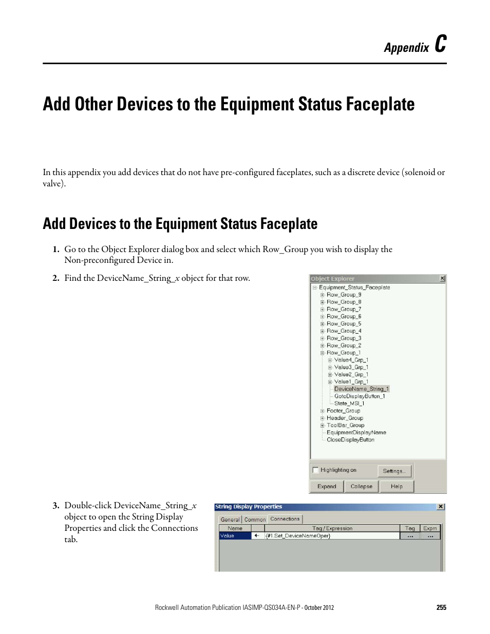 Add devices to the equipment status faceplate, Appendix c | Rockwell Automation IASIMP Computer Numerical Control (CNC) Machining Accelerator Toolkit Quick Start User Manual | Page 255 / 278