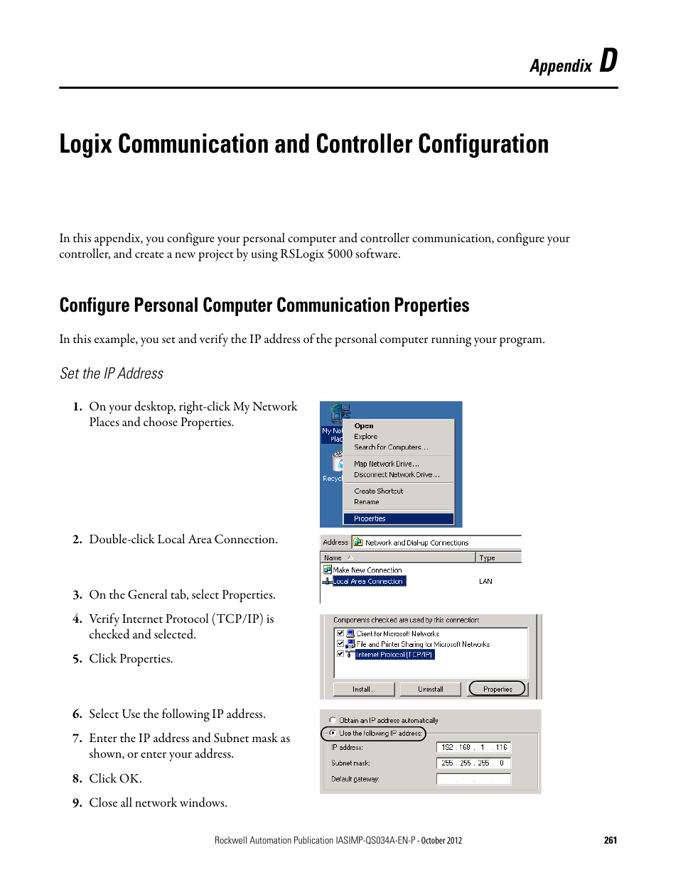 Set the ip address, Appendix d, Logix communication and controller configuration | Appendix | Rockwell Automation IASIMP Computer Numerical Control (CNC) Machining Accelerator Toolkit Quick Start User Manual | Page 261 / 278