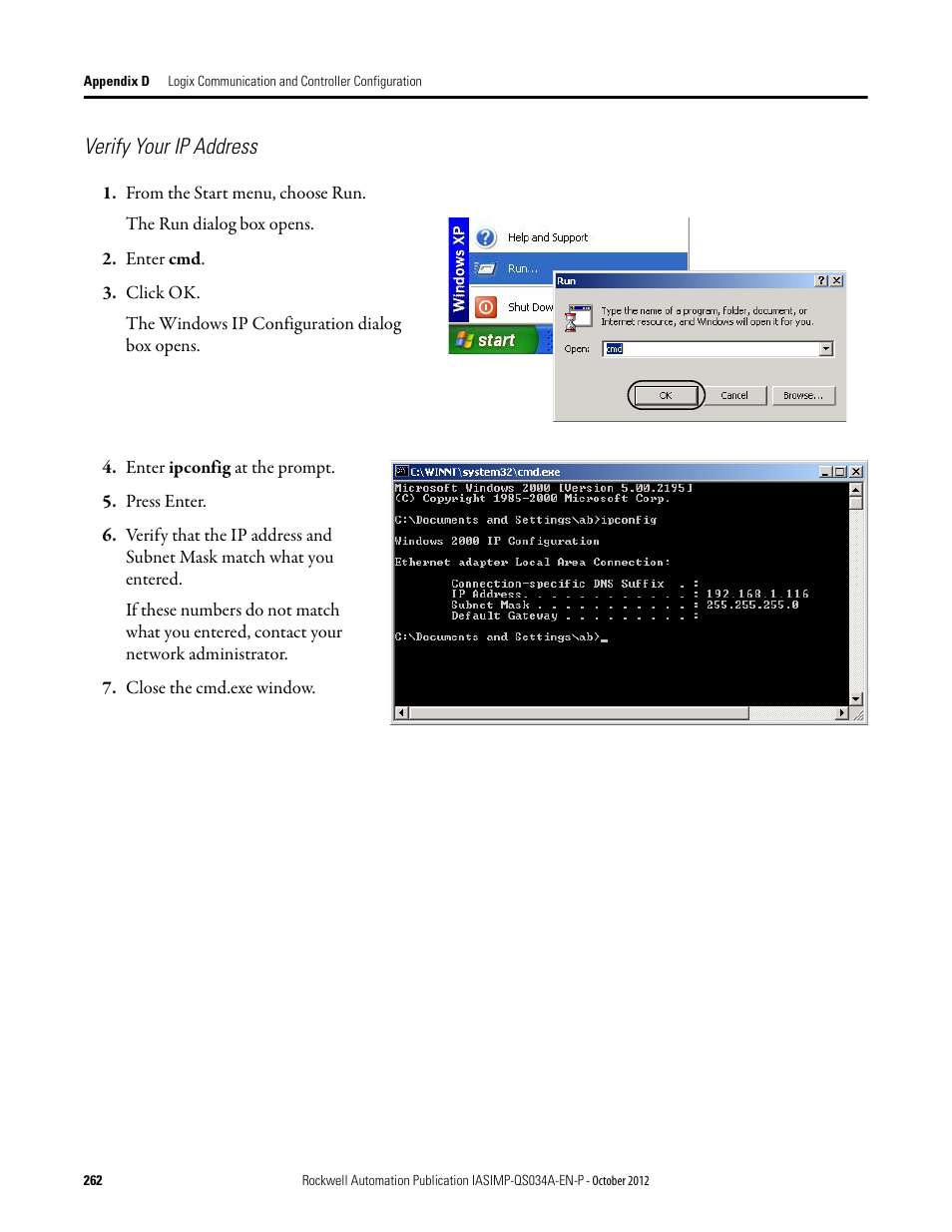 Verify your ip address | Rockwell Automation IASIMP Computer Numerical Control (CNC) Machining Accelerator Toolkit Quick Start User Manual | Page 262 / 278