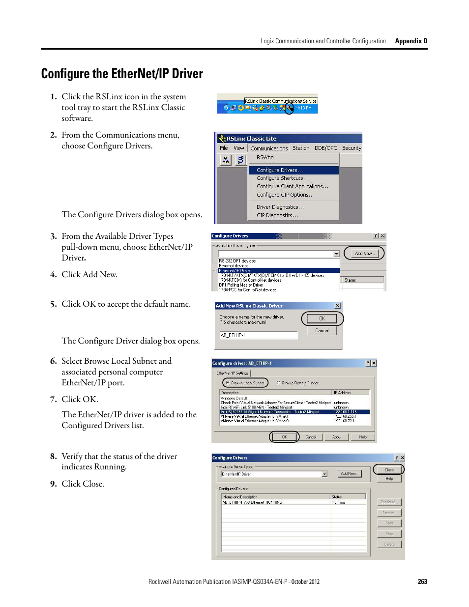 Configure the ethernet/ip driver | Rockwell Automation IASIMP Computer Numerical Control (CNC) Machining Accelerator Toolkit Quick Start User Manual | Page 263 / 278