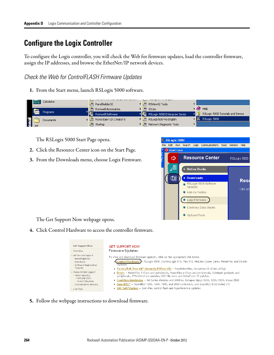 Configure the logix controller, Check the web for controlflash firmware updates | Rockwell Automation IASIMP Computer Numerical Control (CNC) Machining Accelerator Toolkit Quick Start User Manual | Page 264 / 278