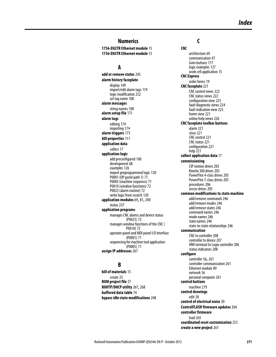 Index, Numerics | Rockwell Automation IASIMP Computer Numerical Control (CNC) Machining Accelerator Toolkit Quick Start User Manual | Page 271 / 278