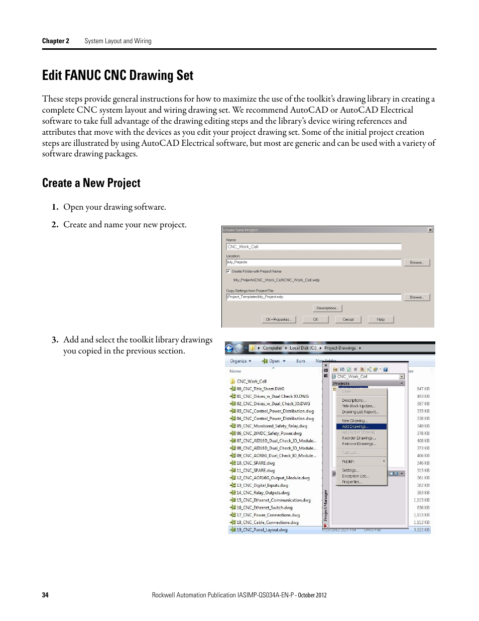 Edit fanuc cnc drawing set, Create a new project | Rockwell Automation IASIMP Computer Numerical Control (CNC) Machining Accelerator Toolkit Quick Start User Manual | Page 34 / 278