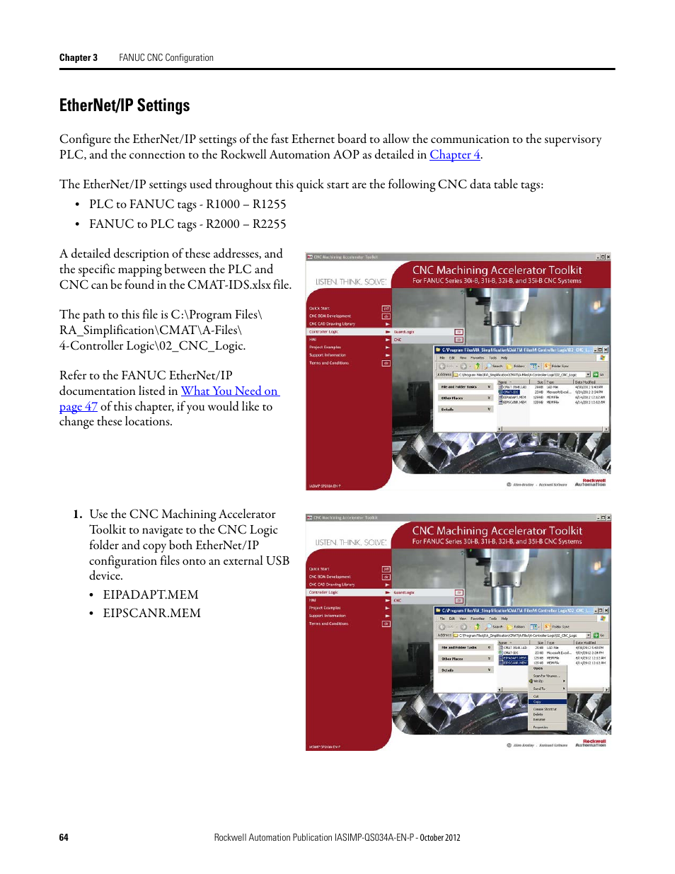 Ethernet/ip settings | Rockwell Automation IASIMP Computer Numerical Control (CNC) Machining Accelerator Toolkit Quick Start User Manual | Page 64 / 278