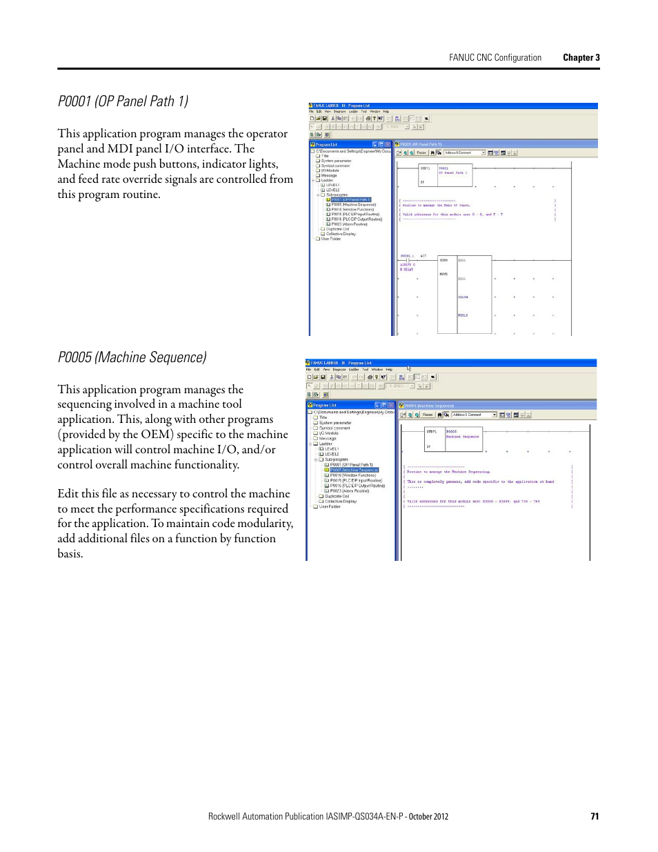 P0001 (op panel path 1), P0005 (machine sequence) | Rockwell Automation IASIMP Computer Numerical Control (CNC) Machining Accelerator Toolkit Quick Start User Manual | Page 71 / 278