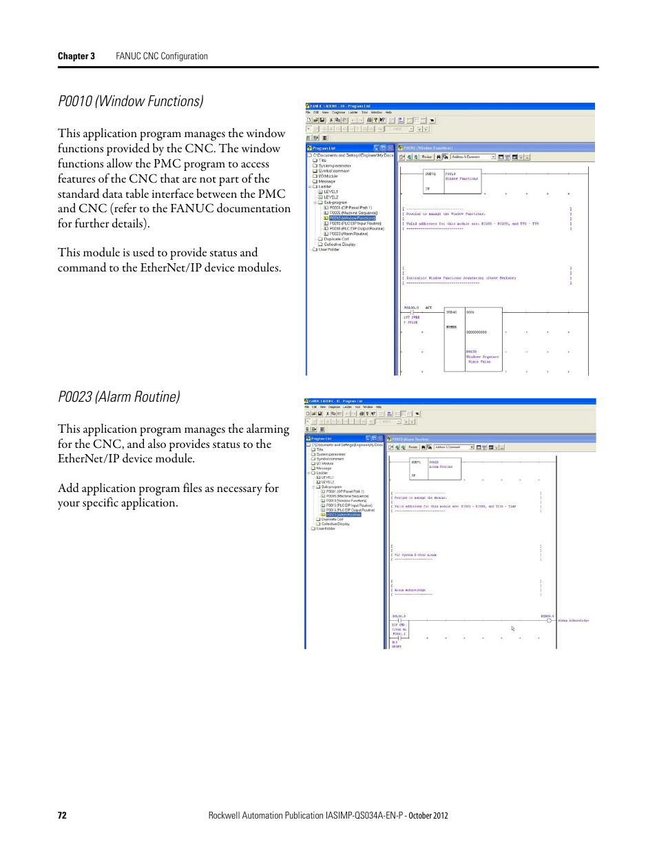 P0010 (window functions), P0023 (alarm routine) | Rockwell Automation IASIMP Computer Numerical Control (CNC) Machining Accelerator Toolkit Quick Start User Manual | Page 72 / 278