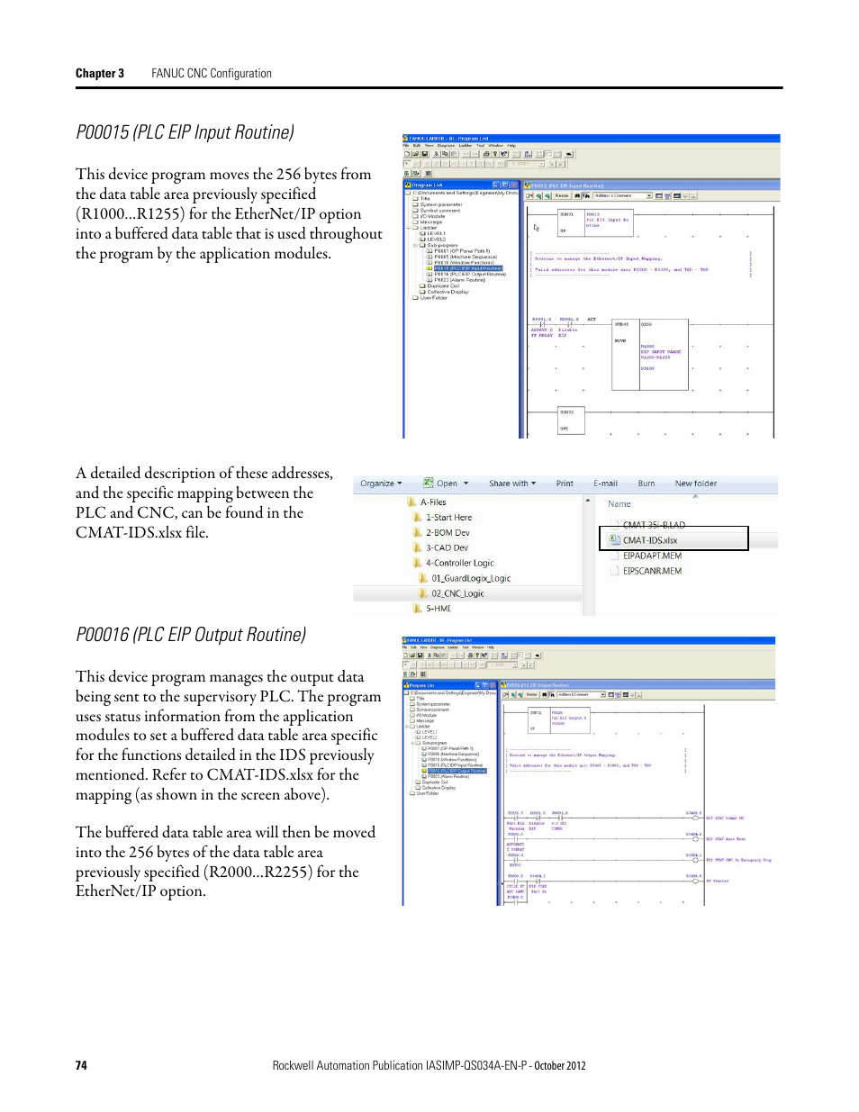 P00015 (plc eip input routine), P00016 (plc eip output routine) | Rockwell Automation IASIMP Computer Numerical Control (CNC) Machining Accelerator Toolkit Quick Start User Manual | Page 74 / 278