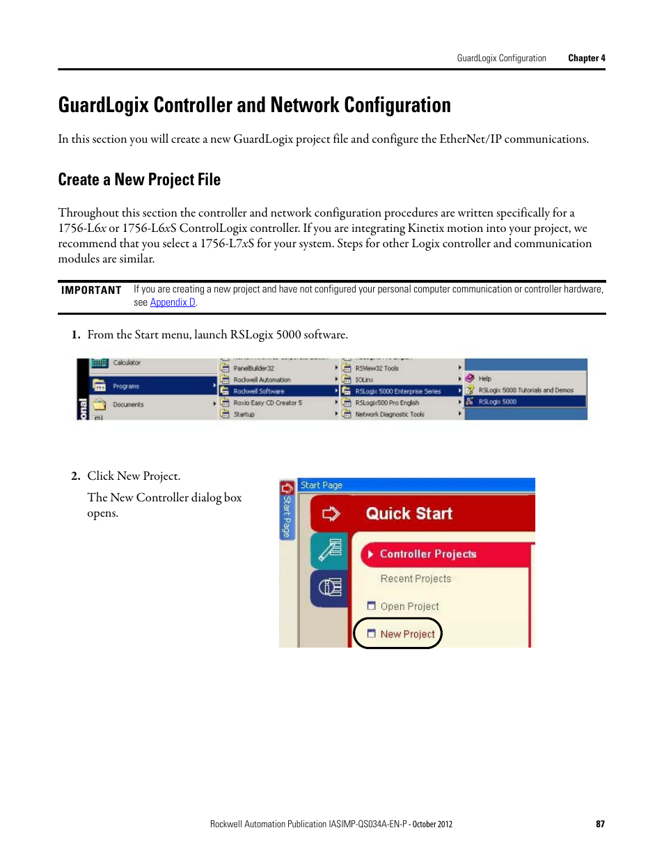 Guardlogix controller and network configuration, Create a new project file, Guardlogix controller and | Network configuration | Rockwell Automation IASIMP Computer Numerical Control (CNC) Machining Accelerator Toolkit Quick Start User Manual | Page 87 / 278