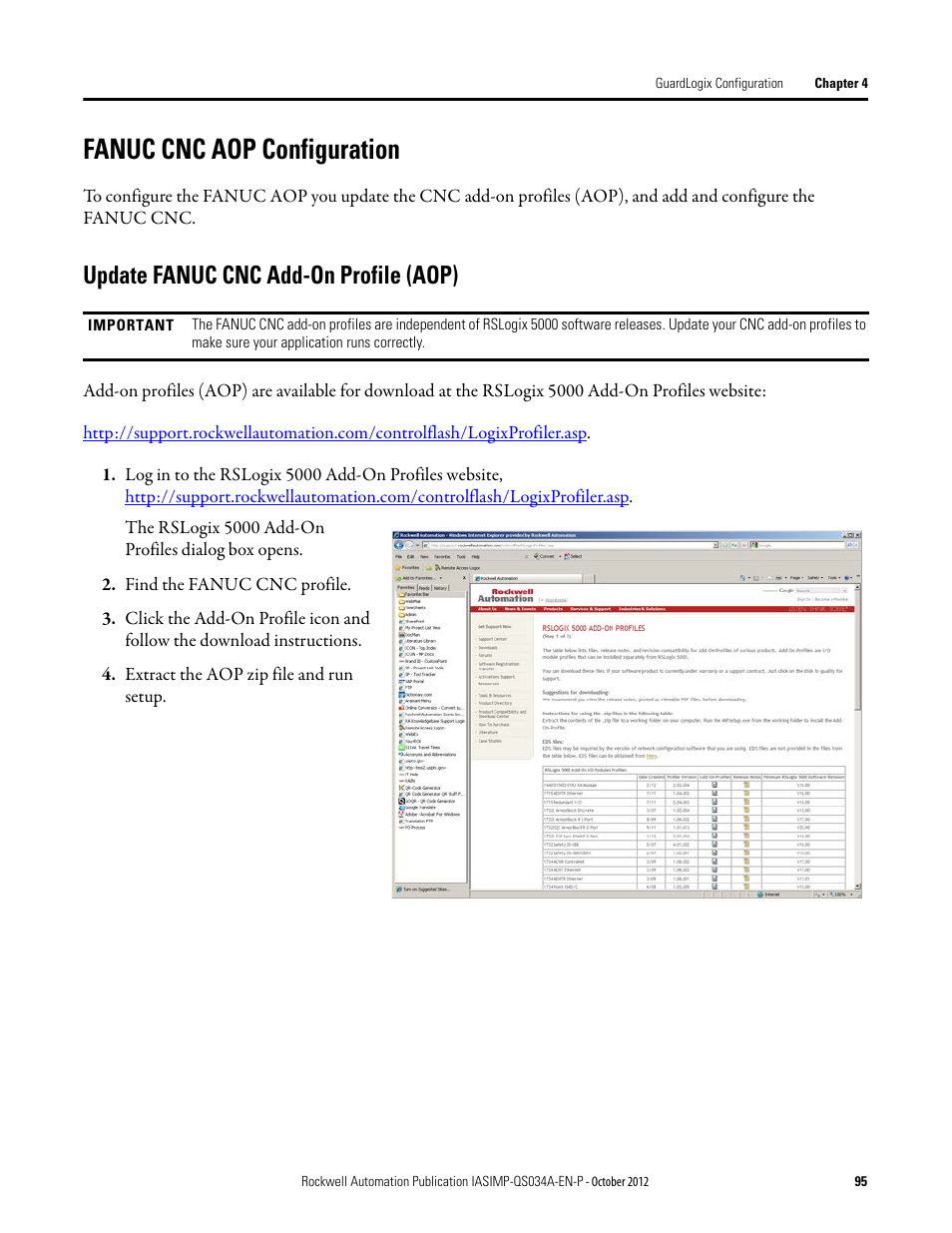 Fanuc cnc aop configuration, Update fanuc cnc add-on profile (aop), Fanuc cnc aop | Configuration | Rockwell Automation IASIMP Computer Numerical Control (CNC) Machining Accelerator Toolkit Quick Start User Manual | Page 95 / 278