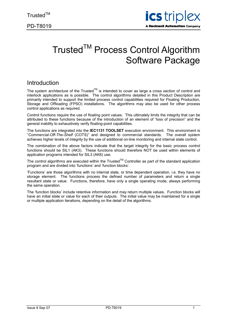 Rockwell Automation T8019 Trusted Process Control Algorithm Software Package User Manual | 28 pages