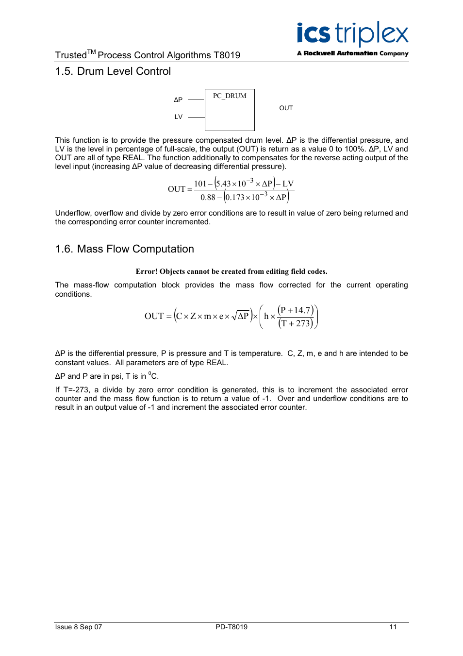 Drum level control, Mass flow computation, Analogue select | Multiple value averaging | Rockwell Automation T8019 Trusted Process Control Algorithm Software Package User Manual | Page 11 / 28