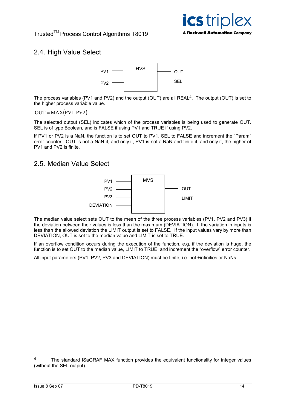 High value select, Median value select, Analogue scaling | Analogue value clamping | Rockwell Automation T8019 Trusted Process Control Algorithm Software Package User Manual | Page 14 / 28