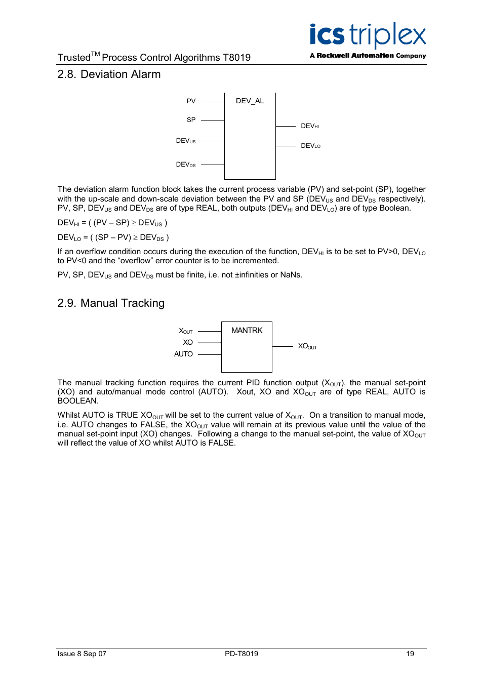 Deviation alarm, Manual tracking, Trusted | Process control algorithms t8019 | Rockwell Automation T8019 Trusted Process Control Algorithm Software Package User Manual | Page 19 / 28
