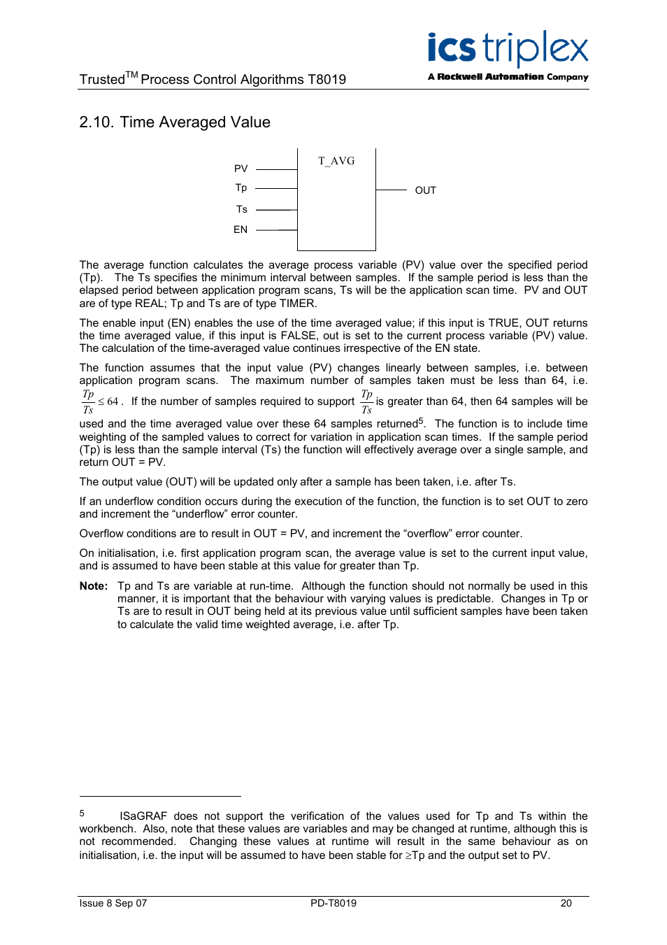Time averaged value, Trusted, Process control algorithms t8019 | Rockwell Automation T8019 Trusted Process Control Algorithm Software Package User Manual | Page 20 / 28