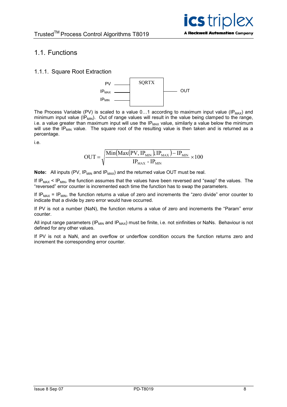 Functions, Square root extraction, Description | Trusted, Process control algorithms t8019, 100 ip - ip ip ip , ip pv, max min out | Rockwell Automation T8019 Trusted Process Control Algorithm Software Package User Manual | Page 8 / 28