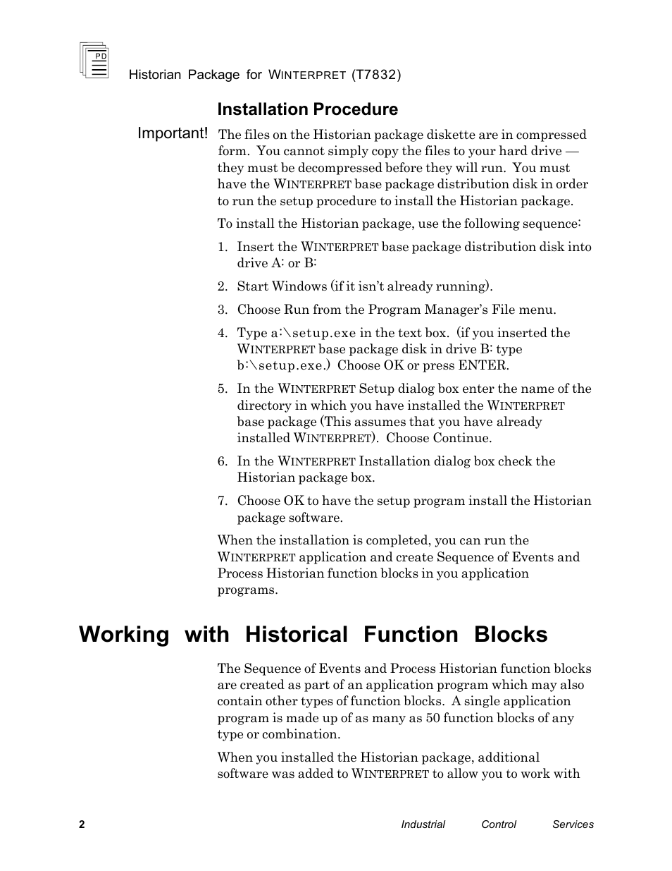 Working with historical function blocks, Installation procedure, Important | Rockwell Automation T7832 ICS Regent+Plus Historian Packages for Winterpret User Manual | Page 2 / 42
