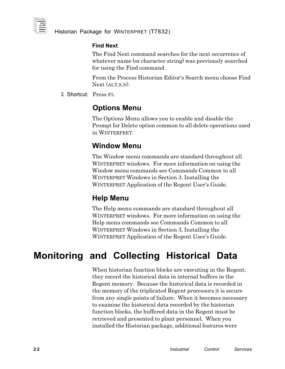 Monitoring and collecting historical data, Options menu, Window menu | Help menu | Rockwell Automation T7832 ICS Regent+Plus Historian Packages for Winterpret User Manual | Page 22 / 42