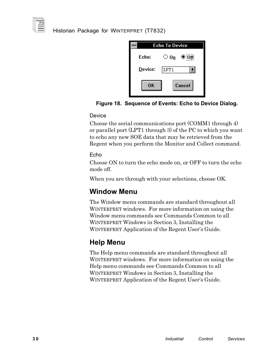 Window menu, Help menu | Rockwell Automation T7832 ICS Regent+Plus Historian Packages for Winterpret User Manual | Page 30 / 42