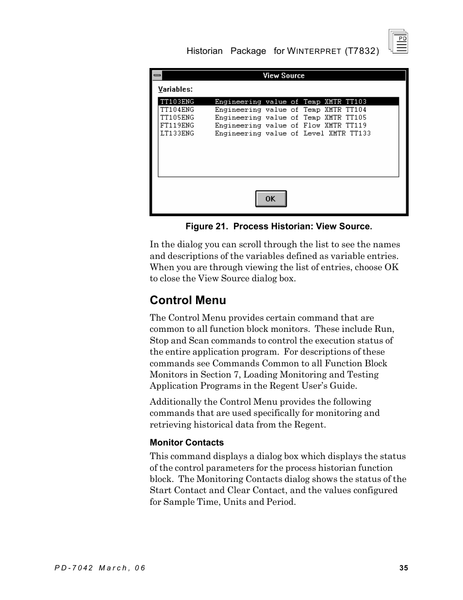 Control menu | Rockwell Automation T7832 ICS Regent+Plus Historian Packages for Winterpret User Manual | Page 35 / 42