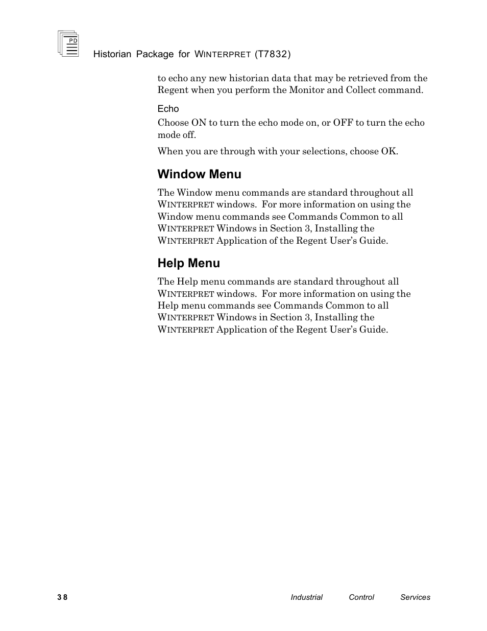 Window menu, Help menu | Rockwell Automation T7832 ICS Regent+Plus Historian Packages for Winterpret User Manual | Page 38 / 42