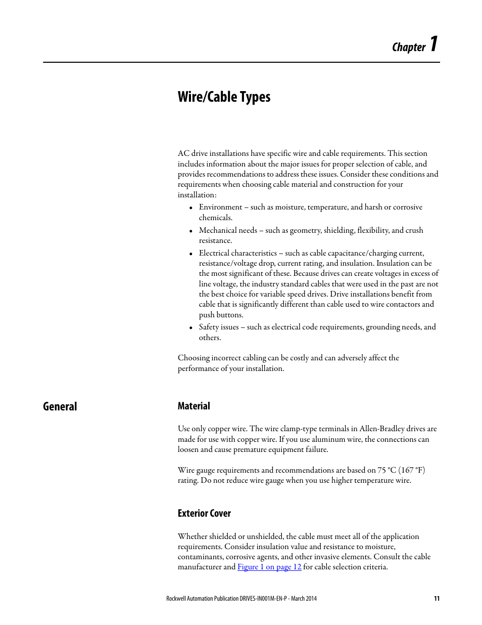 Wire/cable types, General, Material | Exterior cover, Chapter 1, Material exterior cover, Chapter | Rockwell Automation 1336T Wiring and Grounding Guide, (PWM) AC Drives User Manual | Page 11 / 144