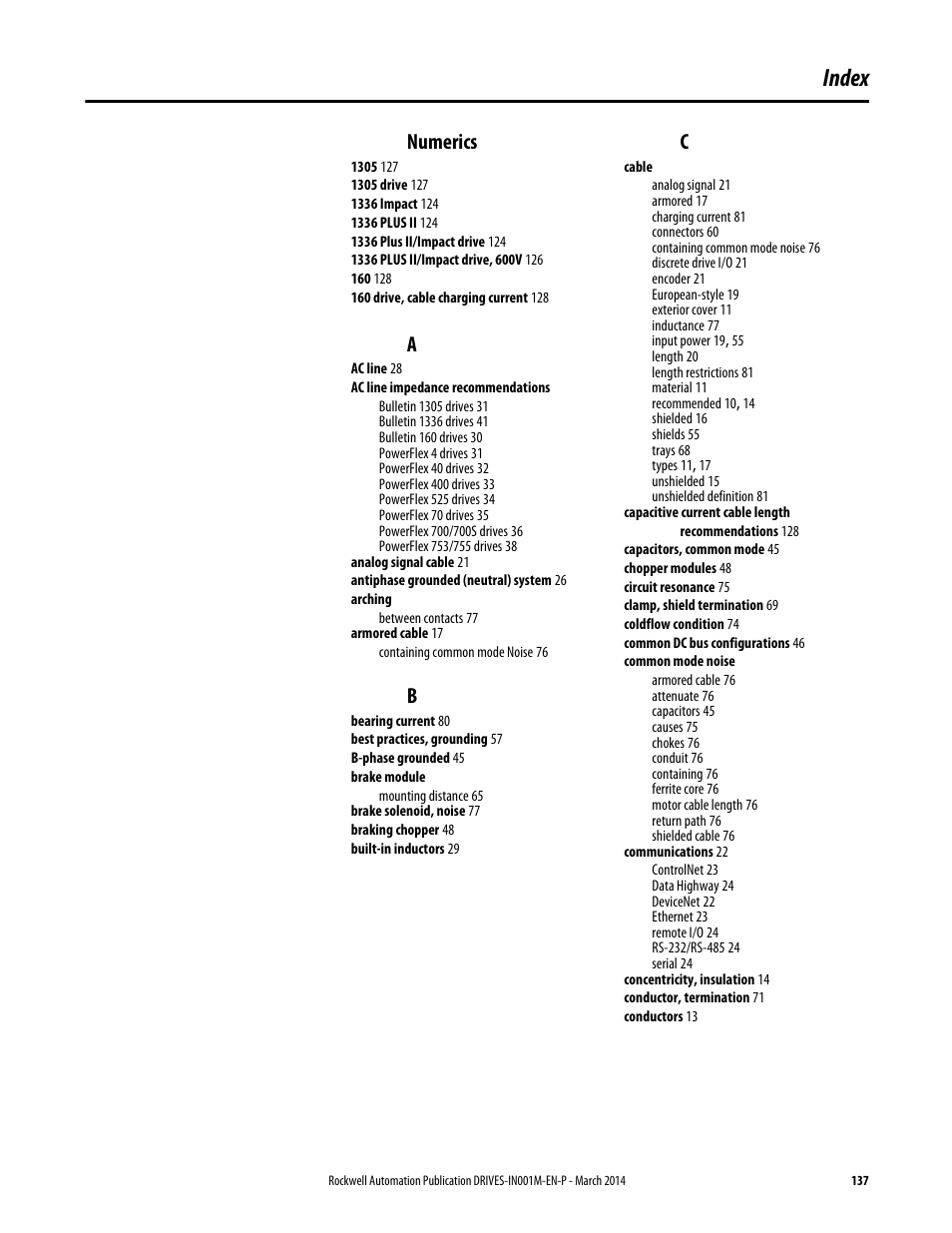 Index, Numerics | Rockwell Automation 1336T Wiring and Grounding Guide, (PWM) AC Drives User Manual | Page 137 / 144