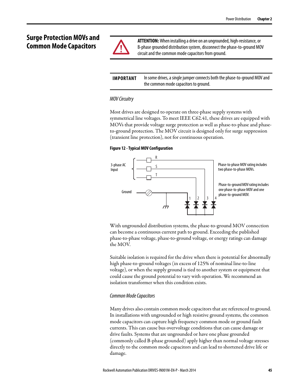 Surge protection movs and common mode capacitors, Surge protection, Surge | Rockwell Automation 1336T Wiring and Grounding Guide, (PWM) AC Drives User Manual | Page 45 / 144