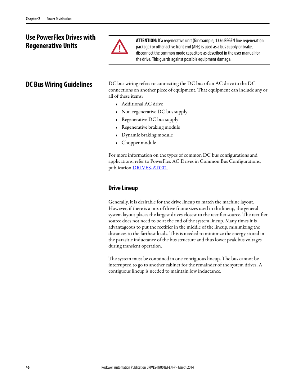 Use powerflex drives with regenerative units, Dc bus wiring guidelines, Drive lineup | Rockwell Automation 1336T Wiring and Grounding Guide, (PWM) AC Drives User Manual | Page 46 / 144