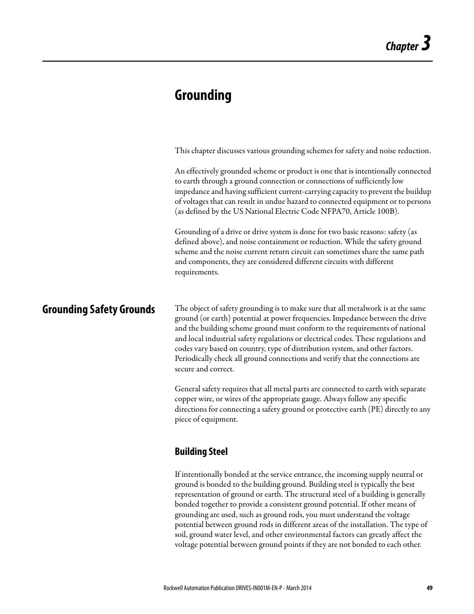 Grounding, Grounding safety grounds, Building steel | Chapter 3 | Rockwell Automation 1336T Wiring and Grounding Guide, (PWM) AC Drives User Manual | Page 49 / 144