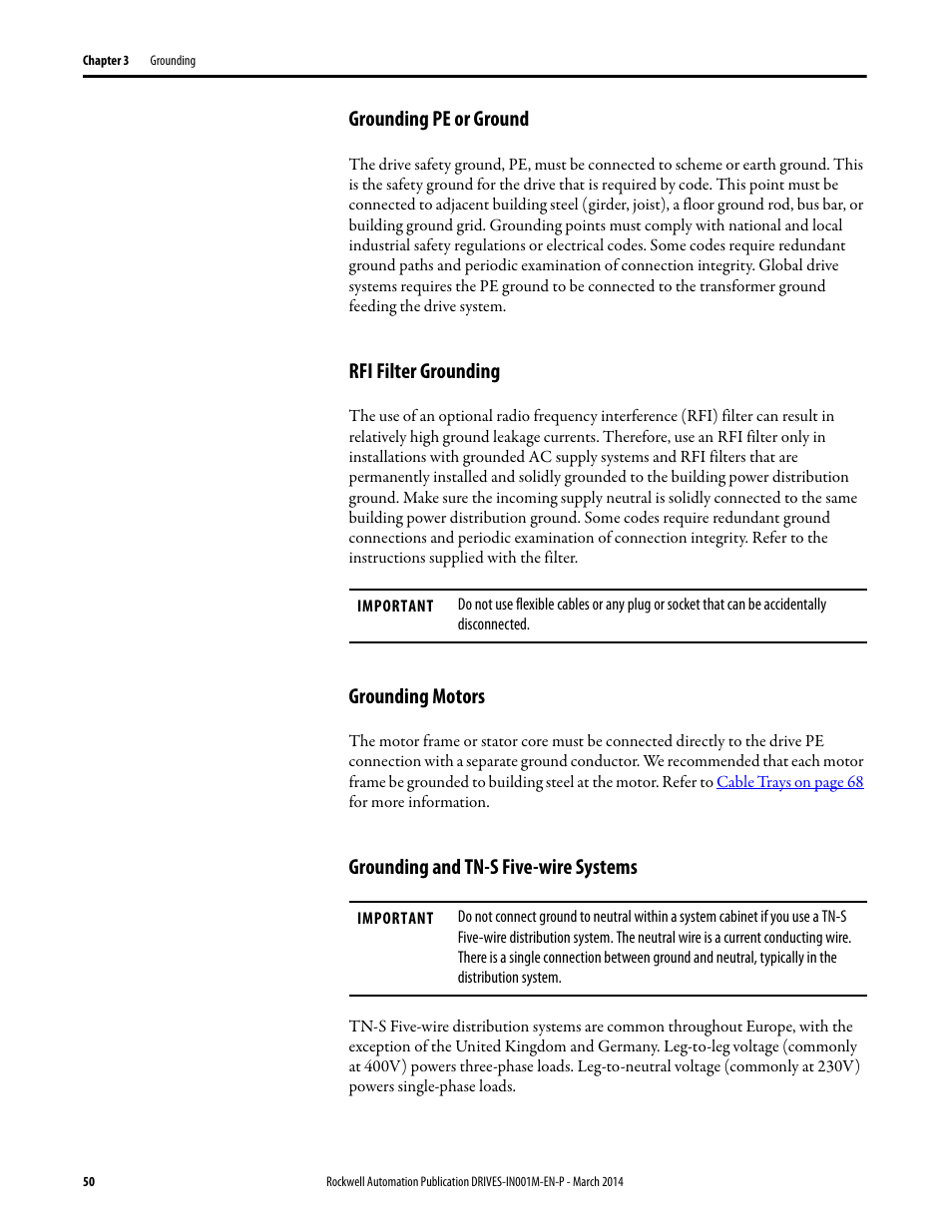 Grounding pe or ground, Rfi filter grounding, Grounding motors | Grounding and tn-s five-wire systems | Rockwell Automation 1336T Wiring and Grounding Guide, (PWM) AC Drives User Manual | Page 50 / 144